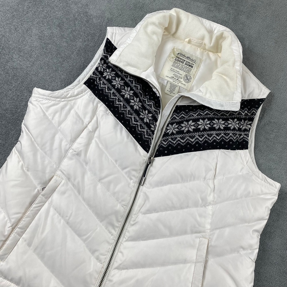 Eddie Bauer Womens XL Puffer Vest White Fair Isle Snowflake Goose Down Quilted